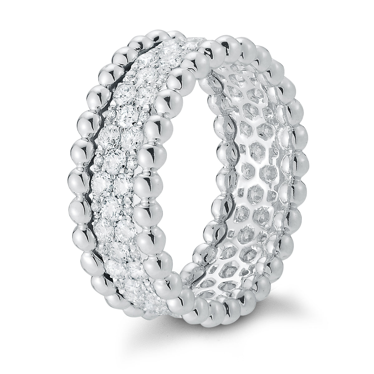 Two-tone Beaded Diamond Ring  18k gold, 5.22 grams, 90 round shared prong-set brilliant diamonds 1.41 carats.