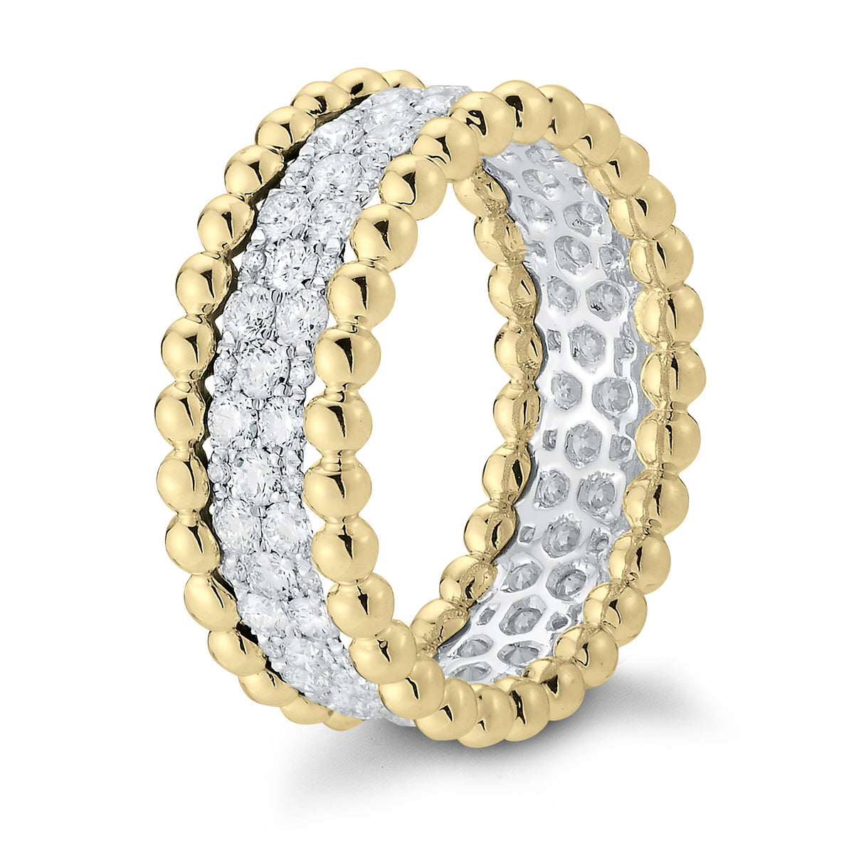 Two-tone Beaded Diamond Ring  18k gold, 5.22 grams, 90 round shared prong-set brilliant diamonds 1.41 carats.