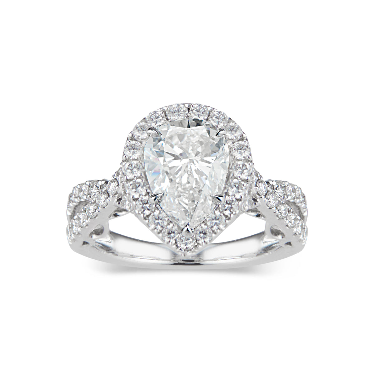 Pear Halo Diamond Engagement Ring with Twisted Shank  -18K weighting 5.70 GR  - 47 round diamonds totaling 0.72 carats