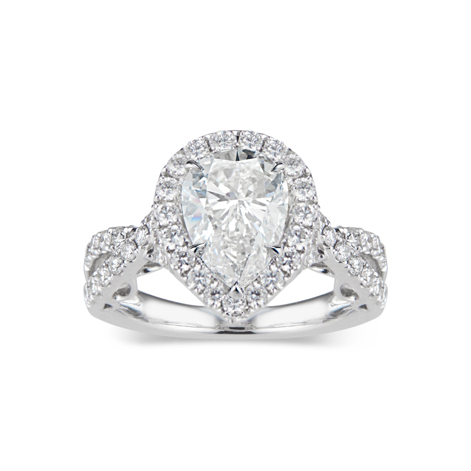 Pear Halo Diamond Engagement Ring with Twisted Shank  -18K weighting 5.70 GR  - 47 round diamonds totaling 0.72 carats