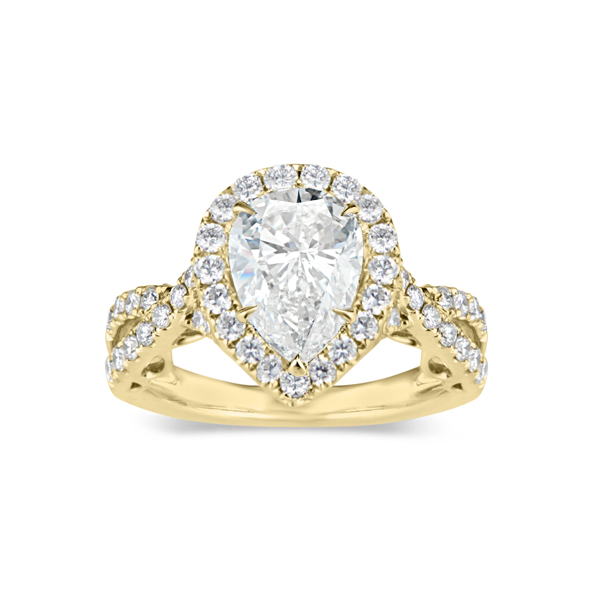 Pear Halo Diamond Engagement Ring with Twisted Shank  -18K weighting 5.70 GR  - 47 round diamonds totaling 0.72 carats