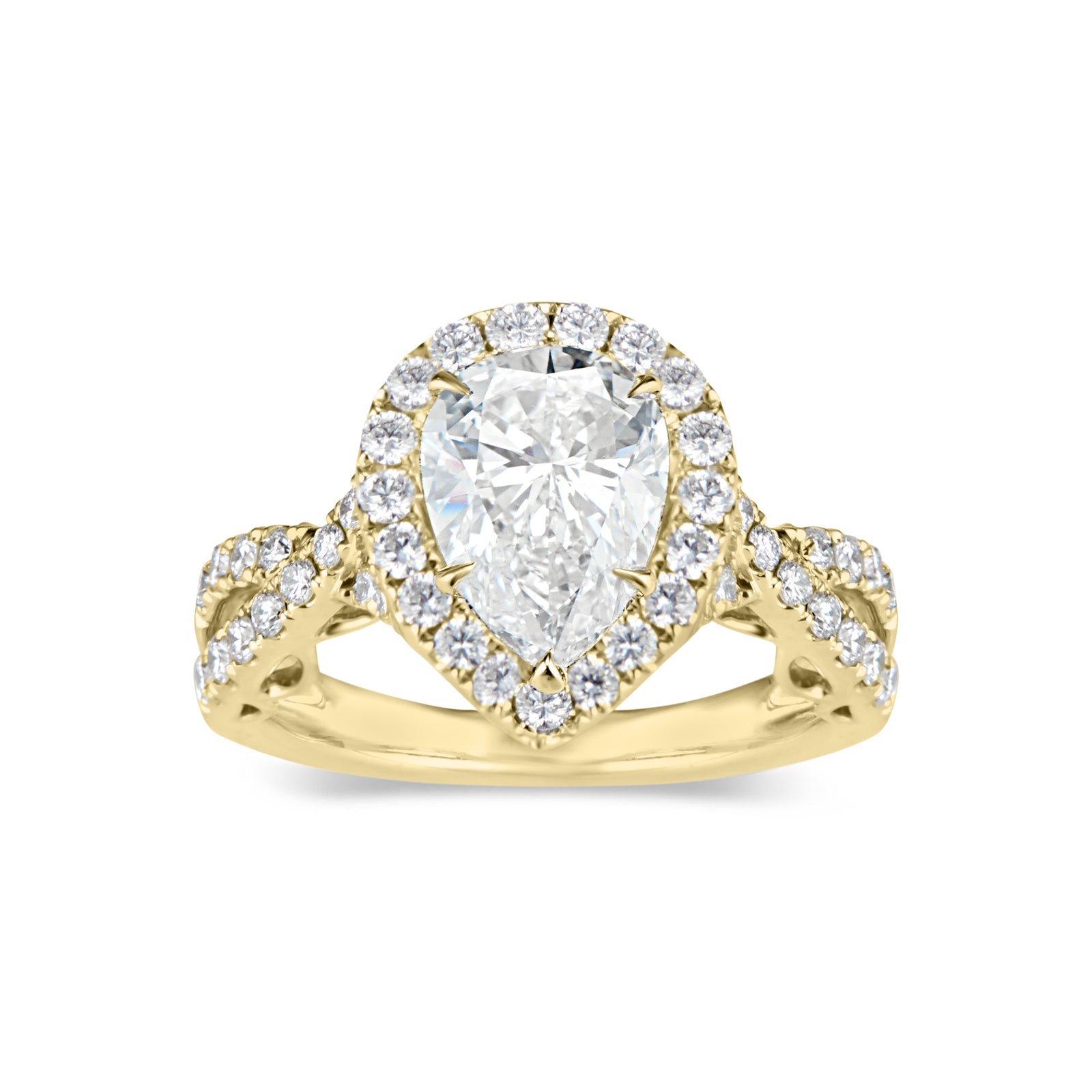 Pear Halo Diamond Engagement Ring with Twisted Shank  -18K weighting 5.70 GR  - 47 round diamonds totaling 0.72 carats