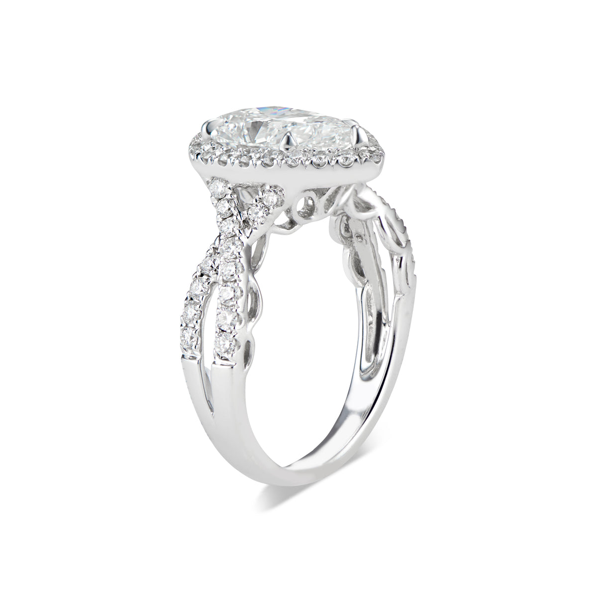 Pear Halo Diamond Engagement Ring with Twisted Shank  -18K weighting 5.70 GR  - 47 round diamonds totaling 0.72 carats