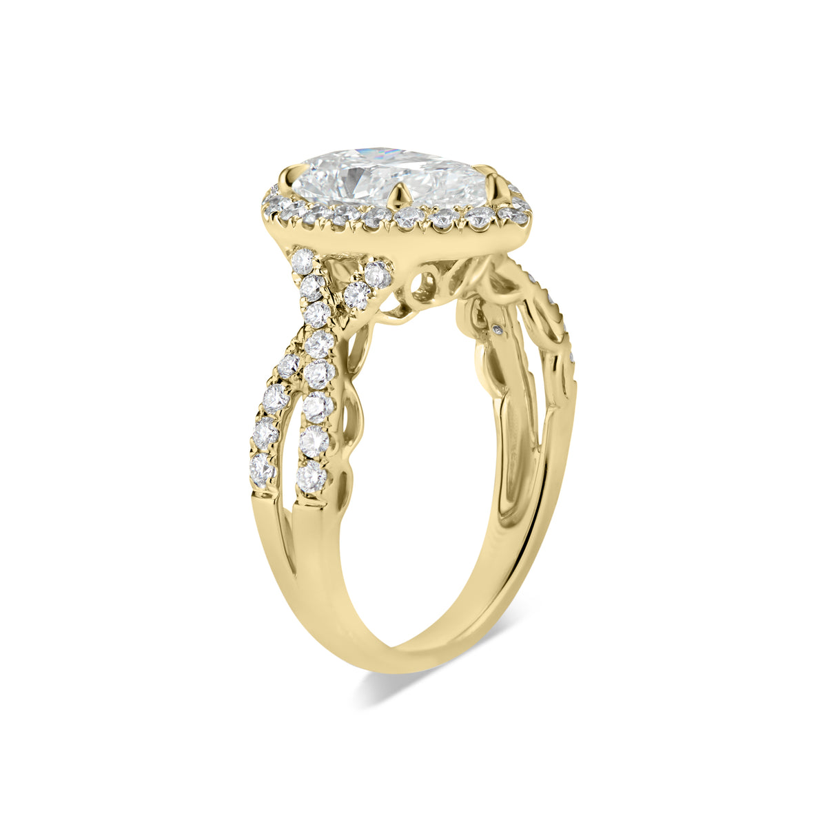 Pear Halo Diamond Engagement Ring with Twisted Shank  -18K weighting 5.70 GR  - 47 round diamonds totaling 0.72 carats