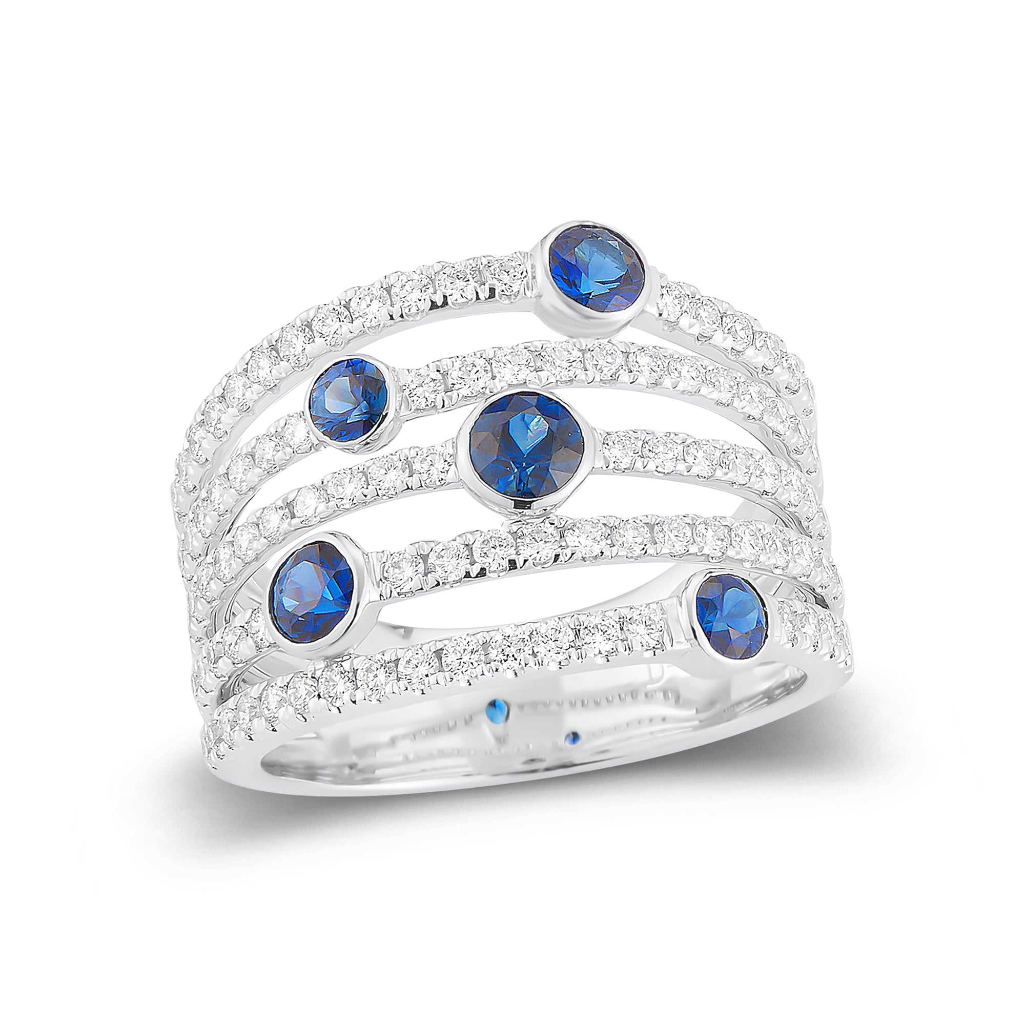 Blue sapphire & diamond multi-row band -18k gold weighing 5.97 grams  -5 round bezel-set sapphires totaling .78 carats  -91 round shared prong-set diamonds totaling .84 carats