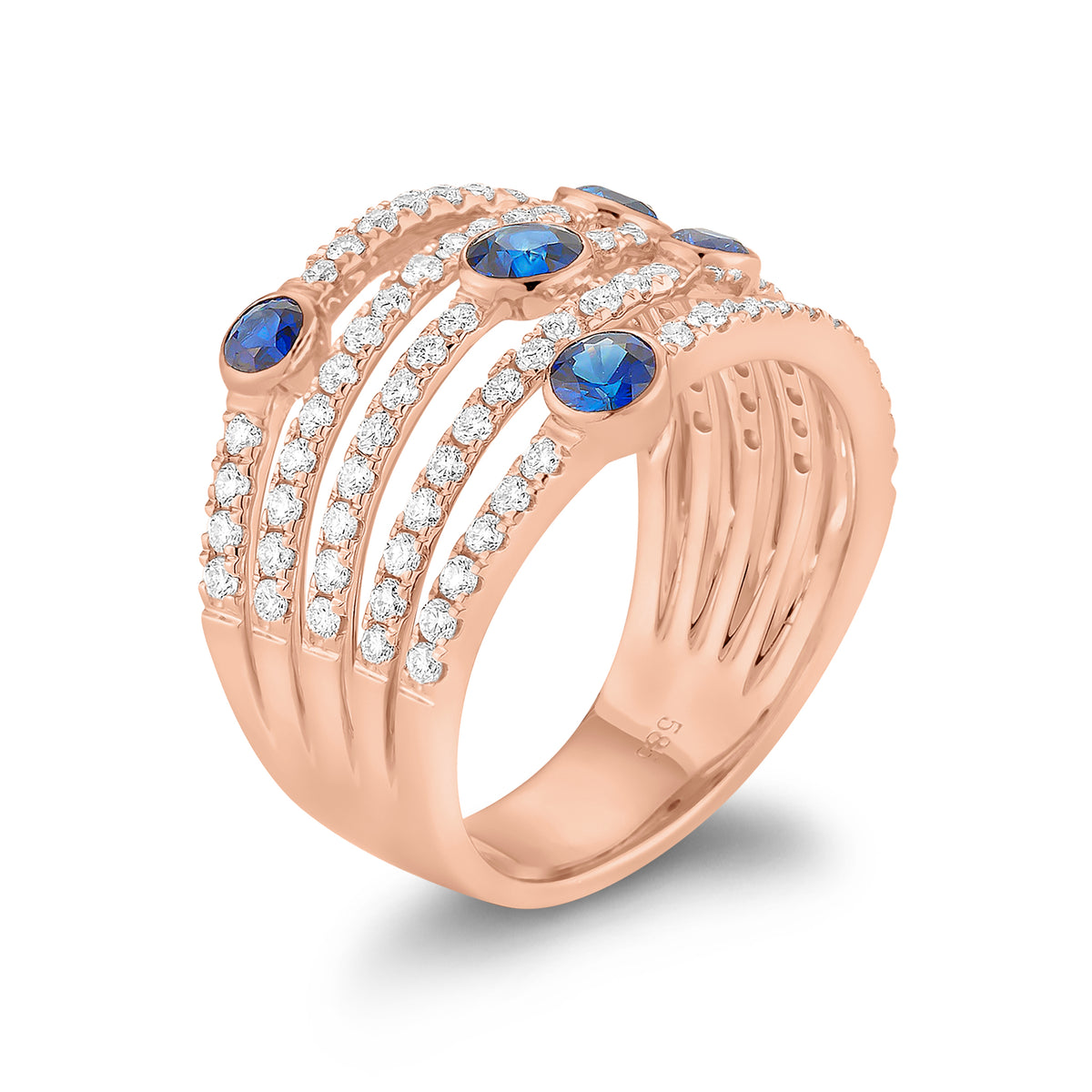 Blue sapphire & diamond multi-row band -18k gold weighing 5.97 grams  -5 round bezel-set sapphires totaling .78 carats  -91 round shared prong-set diamonds totaling .84 carats