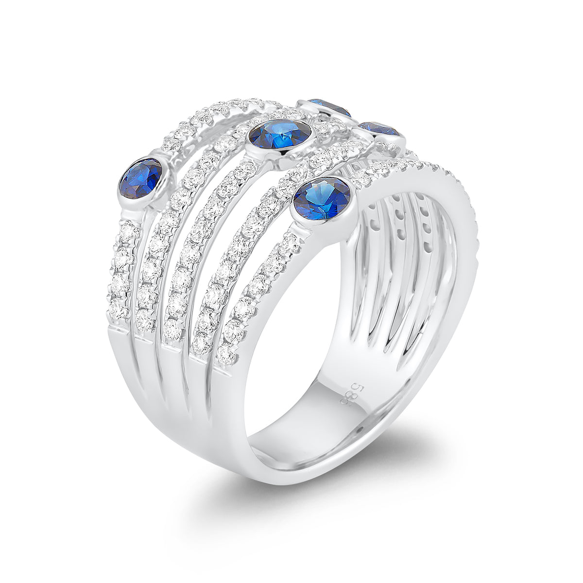Blue sapphire & diamond multi-row band -18k gold weighing 5.97 grams  -5 round bezel-set sapphires totaling .78 carats  -91 round shared prong-set diamonds totaling .84 carats