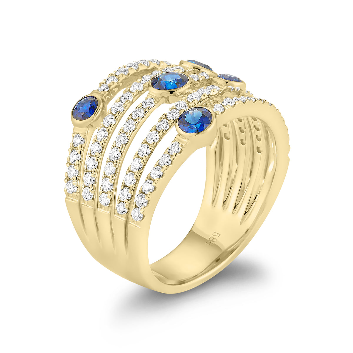 Blue sapphire & diamond multi-row band -18k gold weighing 5.97 grams  -5 round bezel-set sapphires totaling .78 carats  -91 round shared prong-set diamonds totaling .84 carats