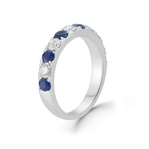 Alternating Sapphire & Diamond Wedding Band  18k gold, 4.16 grams, 5 round brilliant cut diamonds weigh .53 carats, 6 round sapphires .73 carats. All the stones are set in a four prong micro setting.