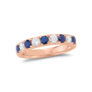 Alternating Sapphire & Diamond Wedding Band 18k gold, 4.16 grams, 5 round brilliant cut diamonds weigh .53 carats, 6 round sapphires .73 carats. All the stones are set in a four prong micro setting.