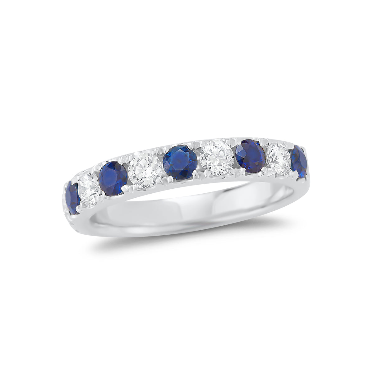 Alternating Sapphire & Diamond Wedding Band 18k gold, 4.16 grams, 5 round brilliant cut diamonds weigh .53 carats, 6 round sapphires .73 carats. All the stones are set in a four prong micro setting.