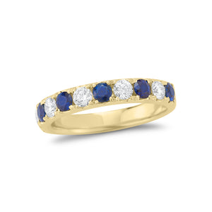 Alternating Sapphire & Diamond Wedding Band 18k gold, 4.16 grams, 5 round brilliant cut diamonds weigh .53 carats, 6 round sapphires .73 carats. All the stones are set in a four prong micro setting.