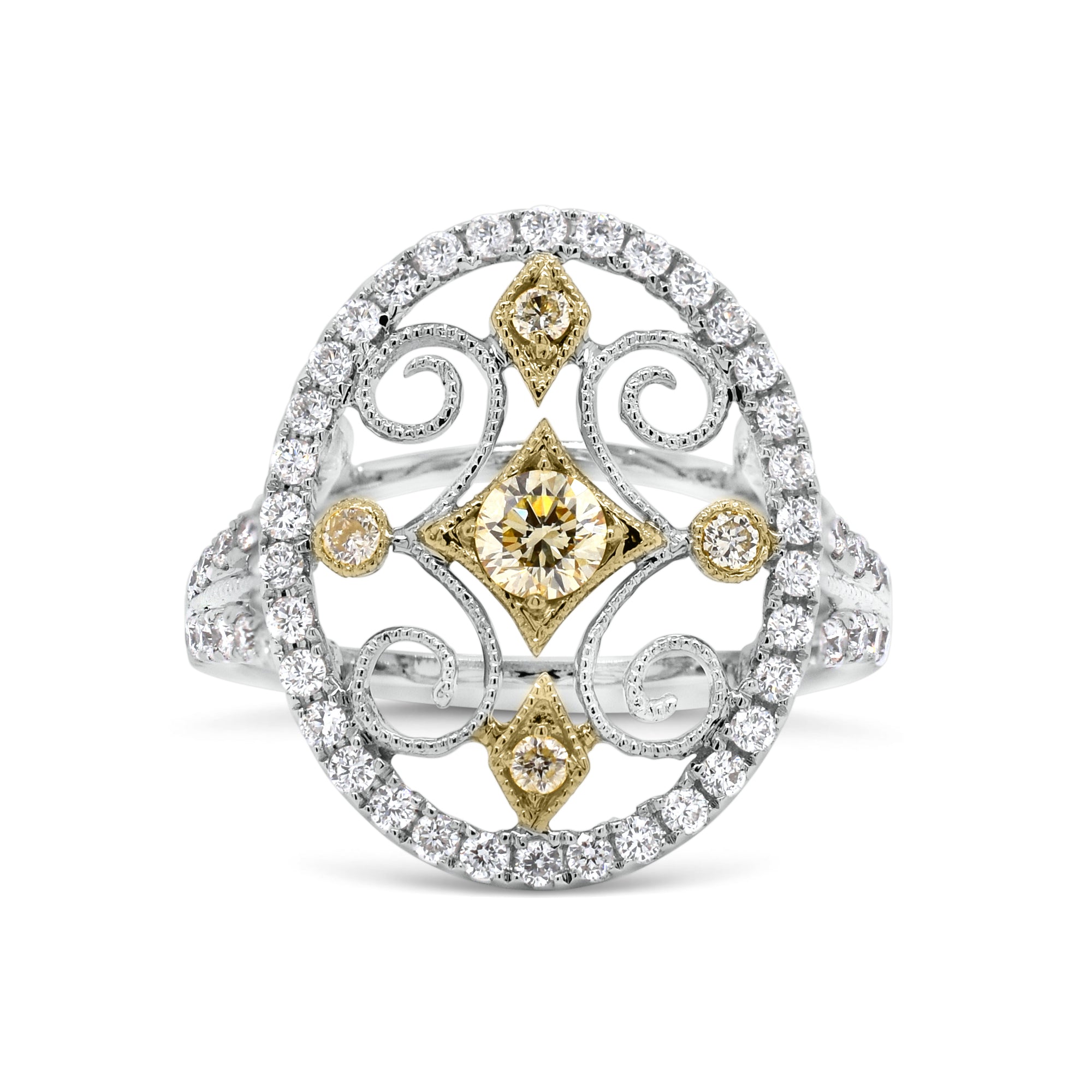Yellow Diamond Cutout Cocktail Ring - 18K white gold weighing 4.22 grams - 62 round diamonds totaling 0.50 carats - 5 yellow diamonds totaling 0.23 carats