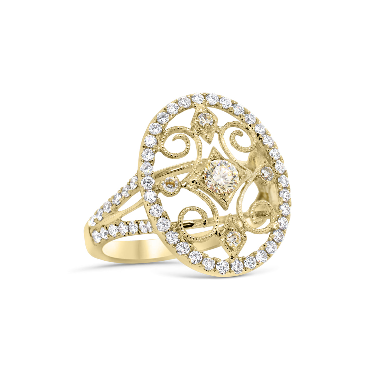 Yellow Diamond Cutout Cocktail Ring - 18K yellow gold weighing 4.22 grams - 62 round diamonds totaling 0.50 carats - 5 yellow diamonds totaling 0.23 carats
