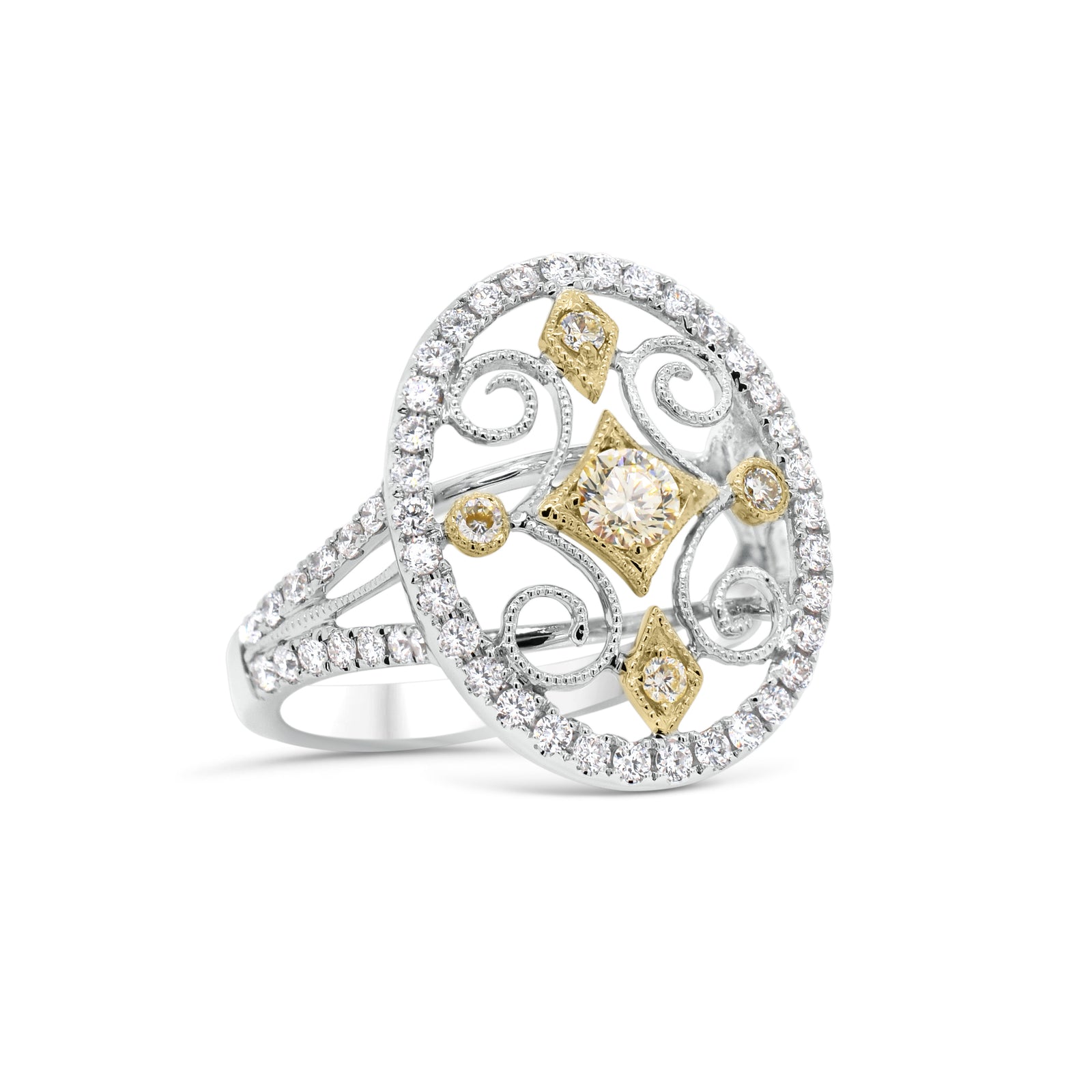 Yellow Diamond Cutout Cocktail Ring - 18K white gold weighing 4.22 grams - 62 round diamonds totaling 0.50 carats - 5 yellow diamonds totaling 0.23 carats