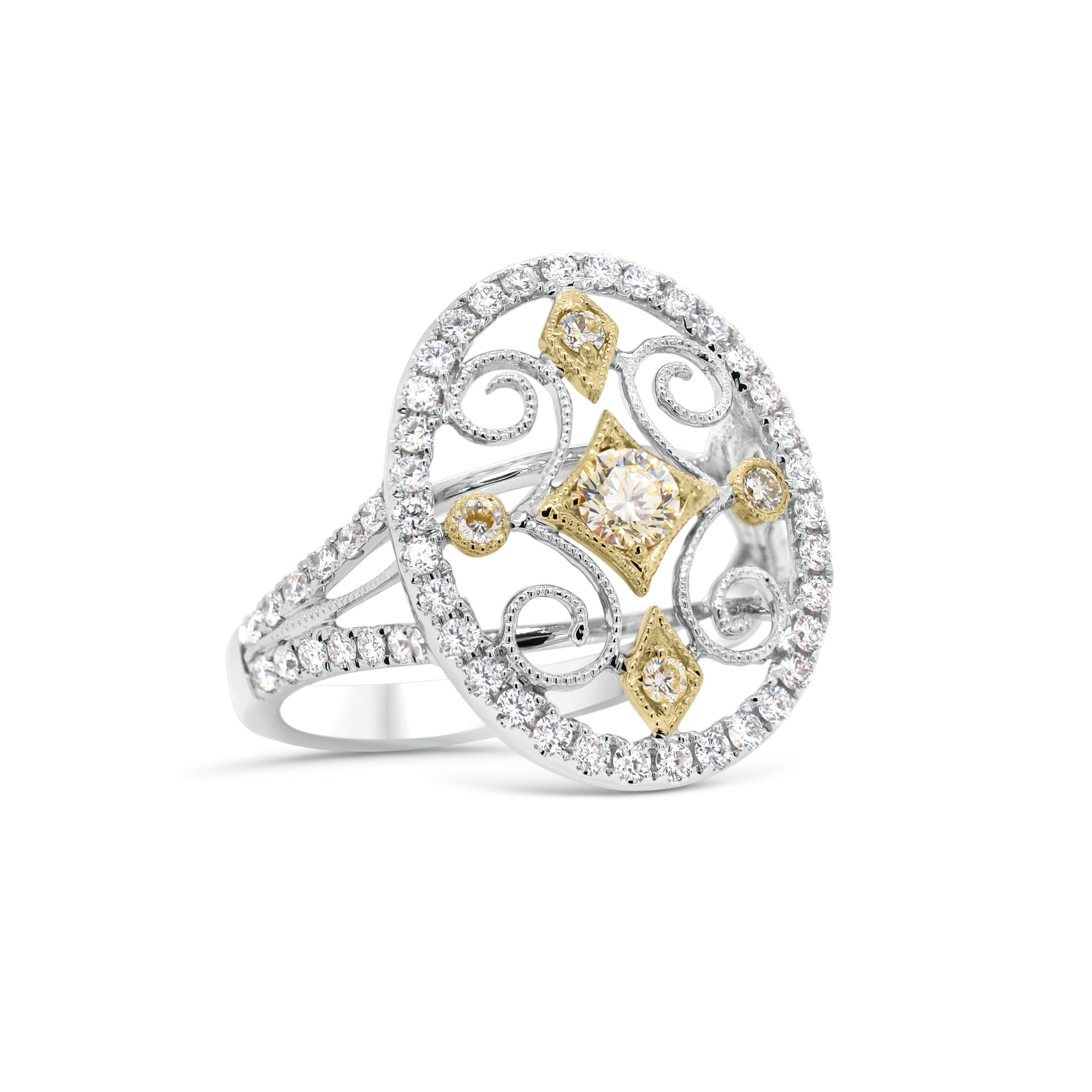 Yellow Diamond Cutout Cocktail Ring - 18K white gold weighing 4.22 grams - 62 round diamonds totaling 0.50 carats - 5 yellow diamonds totaling 0.23 carats