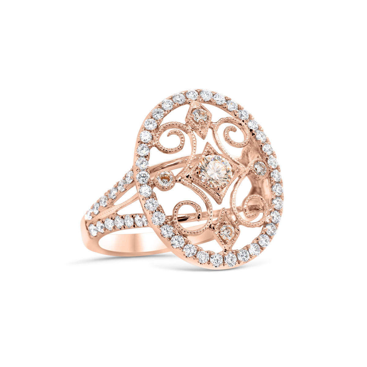 Yellow Diamond Cutout Cocktail Ring - 18K rose gold weighing 4.22 grams - 62 round diamonds totaling 0.50 carats - 5 yellow diamonds totaling 0.23 carats