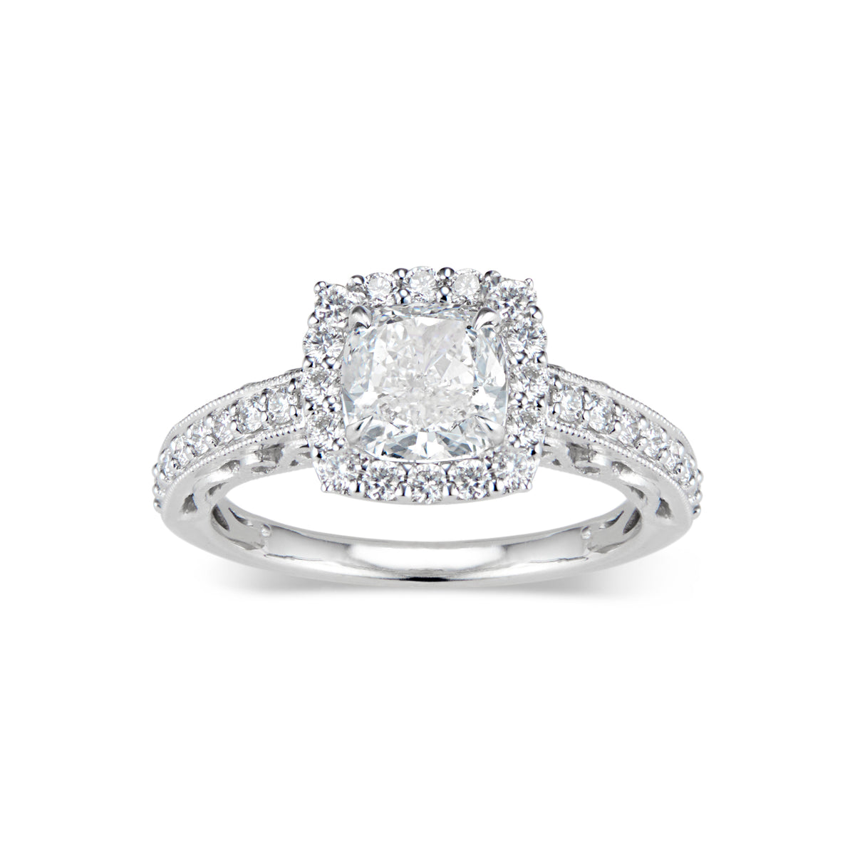 Cushion Halo Diamond Engagement Ring with Milgrain  - 18K weighting 3.18 GR  - 34 round diamonds totaling 0.47 carats