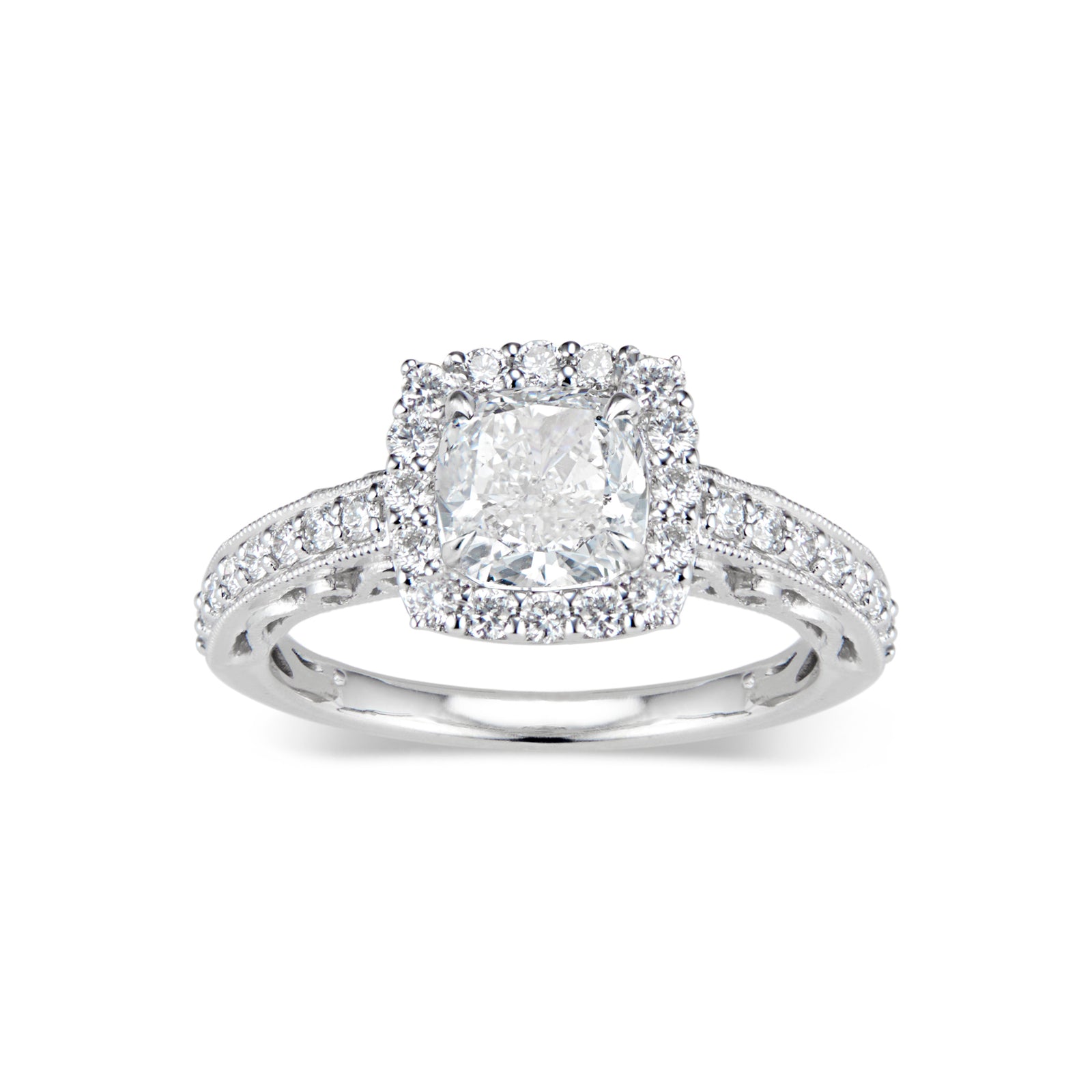 Cushion Halo Diamond Engagement Ring with Milgrain  - 18K weighting 3.18 GR  - 34 round diamonds totaling 0.47 carats