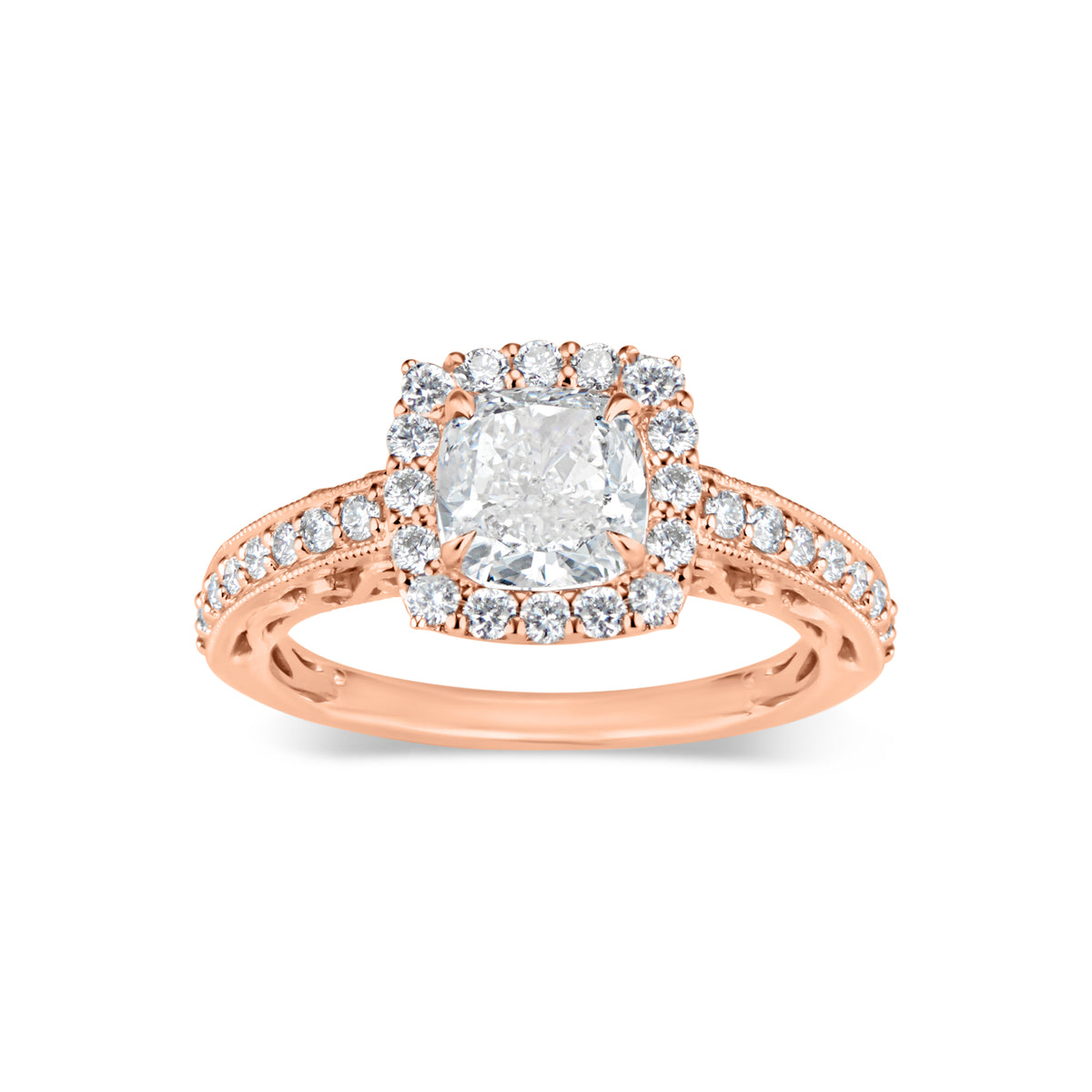 Cushion Halo Diamond Engagement Ring with Milgrain  - 18K weighting 3.18 GR  - 34 round diamonds totaling 0.47 carats
