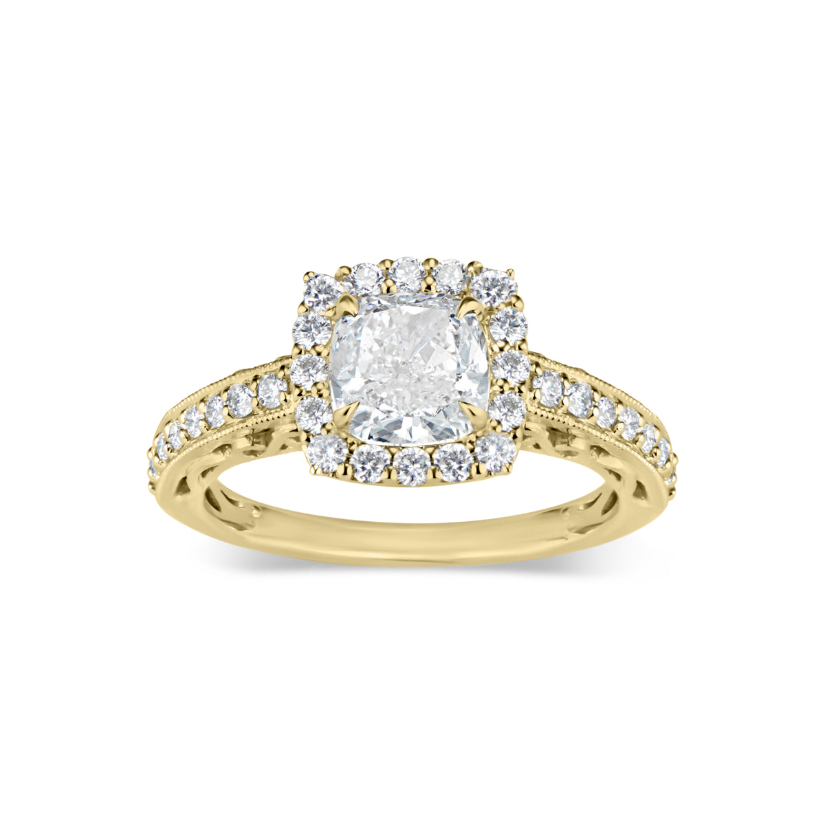 Cushion Halo Diamond Engagement Ring with Milgrain  - 18K weighting 3.18 GR  - 34 round diamonds totaling 0.47 carats