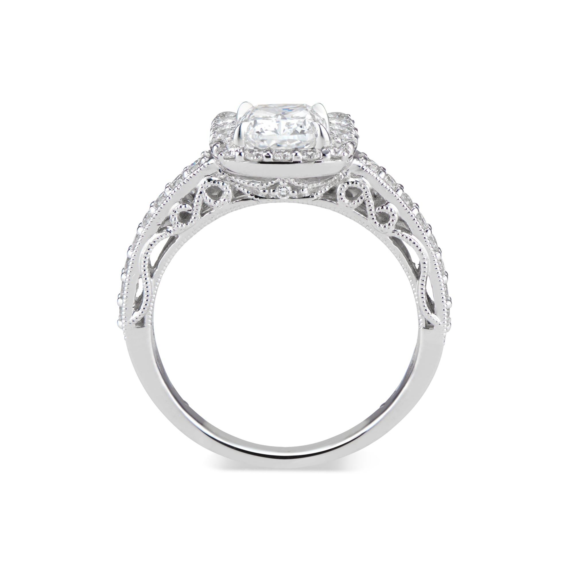 Cushion Halo Diamond Engagement Ring with Milgrain  - 18K weighting 3.18 GR  - 34 round diamonds totaling 0.47 carats