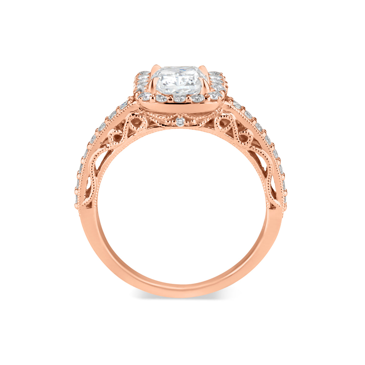 Cushion Halo Diamond Engagement Ring with Milgrain  - 18K weighting 3.18 GR  - 34 round diamonds totaling 0.47 carats