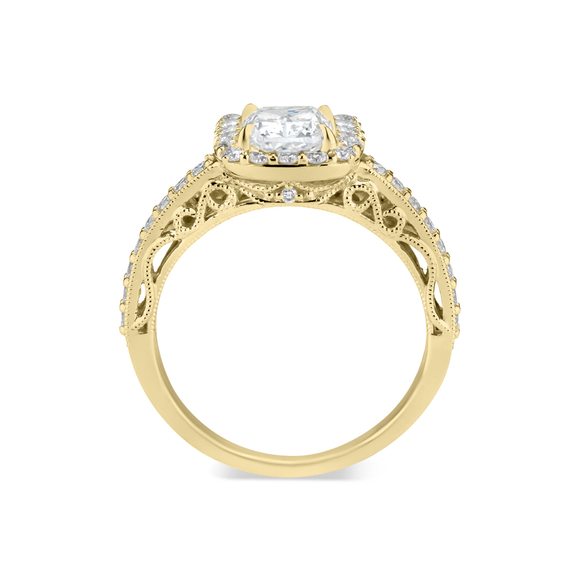 Cushion Halo Diamond Engagement Ring with Milgrain  - 18K weighting 3.18 GR  - 34 round diamonds totaling 0.47 carats