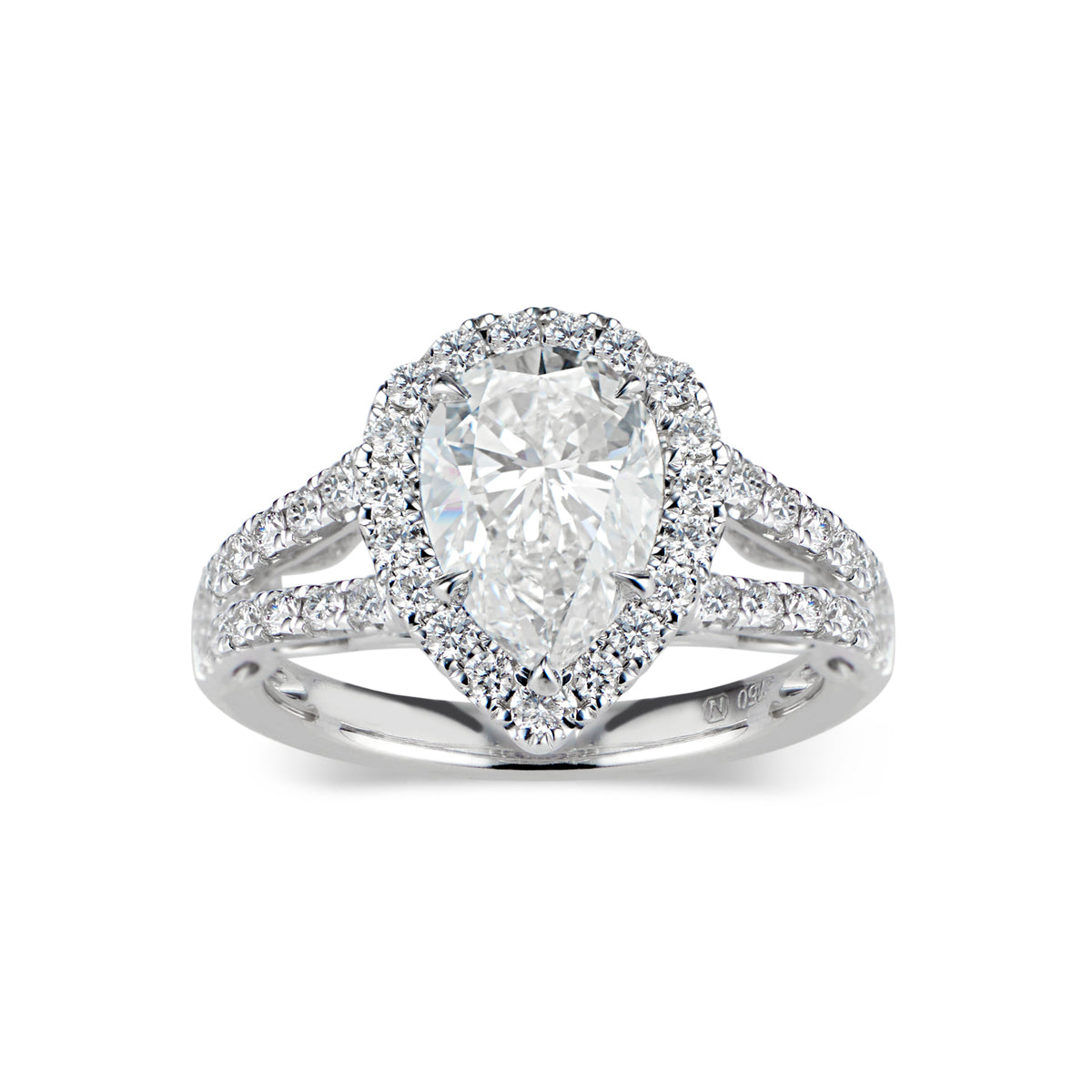Pear Halo Diamond Engagement Ring with Split Shank  -18 K Weigting 5.18 GR  - 53 round diamonds totaling 0.62 carats