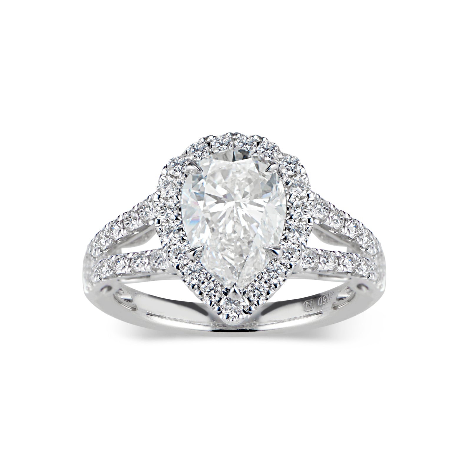 Pear Halo Diamond Engagement Ring with Split Shank  -18 K Weigting 5.18 GR  - 53 round diamonds totaling 0.62 carats