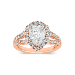 Pear Halo Diamond Engagement Ring with Split Shank  -18 K Weigting 5.18 GR  - 53 round diamonds totaling 0.62 carats