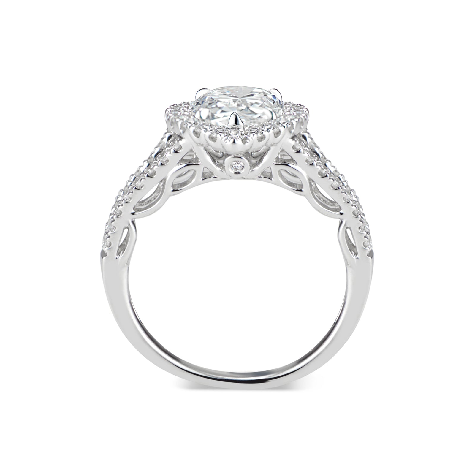 Pear Halo Diamond Engagement Ring with Split Shank  -18 K Weigting 5.18 GR  - 53 round diamonds totaling 0.62 carats