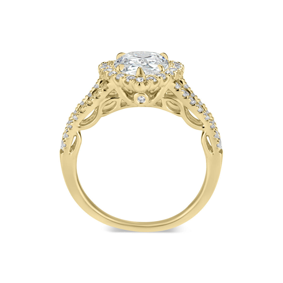Pear Halo Diamond Engagement Ring with Split Shank  -18 K Weigting 5.18 GR  - 53 round diamonds totaling 0.62 carats