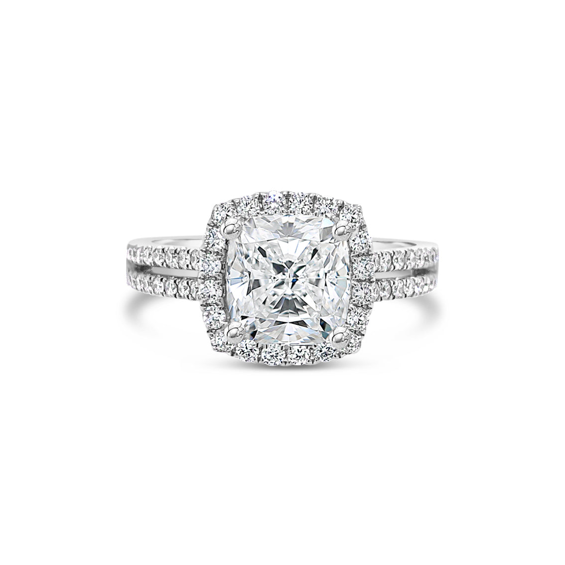 Cushion Halo Diamond Engagement Ring with Split Shank  -18K weighting 4.45 GR  - 56 round diamonds totaling 0.45 carats