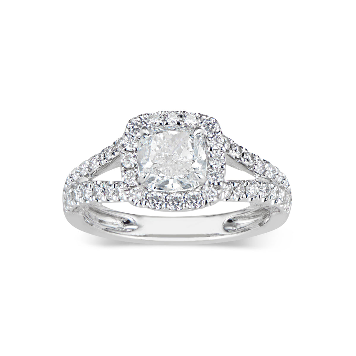 Cushion Halo Diamond Engagement Ring with Split Shank  -18K weighting 4.31 GR   - 106 round diamonds totaling 0.83 carats