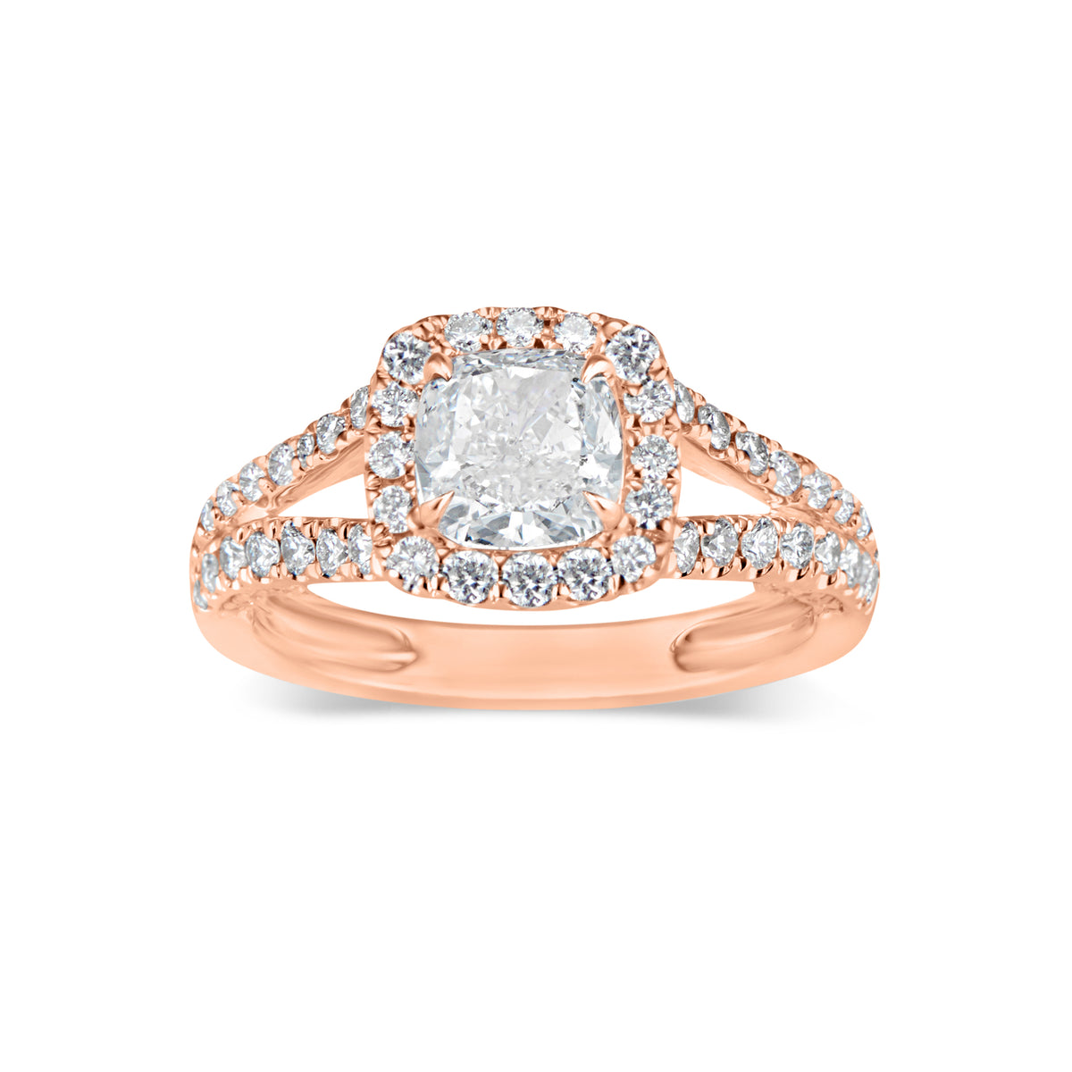 Cushion Halo Diamond Engagement Ring with Split Shank  -18K weighting 4.31 GR   - 106 round diamonds totaling 0.83 carats