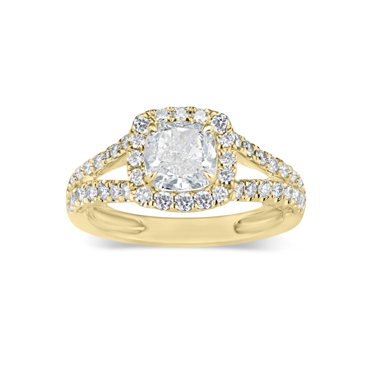 Cushion Halo Diamond Engagement Ring with Split Shank  -18K weighting 4.31 GR   - 106 round diamonds totaling 0.83 carats