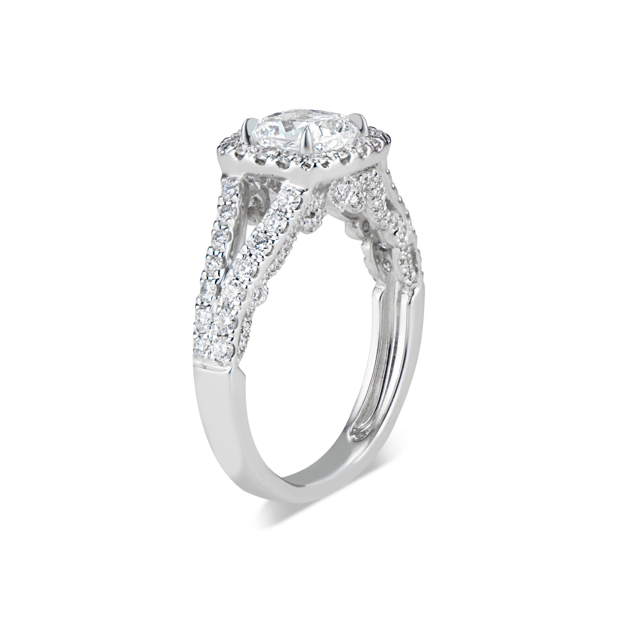 Cushion Halo Diamond Engagement Ring with Split Shank  -18K weighting 4.31 GR   - 106 round diamonds totaling 0.83 carats