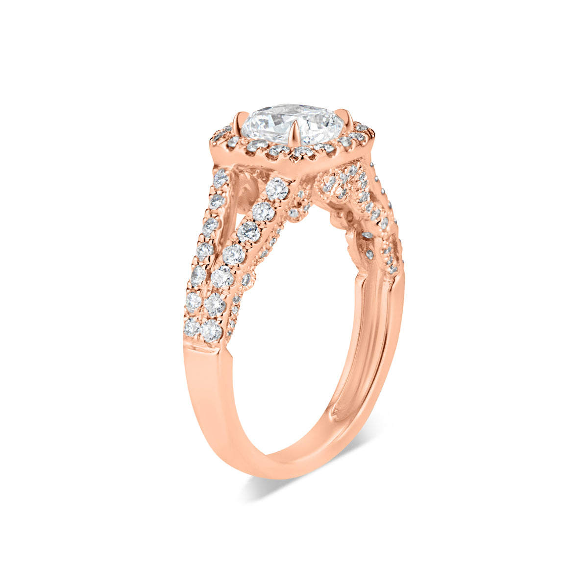 Cushion Halo Diamond Engagement Ring with Split Shank  -18K weighting 4.31 GR   - 106 round diamonds totaling 0.83 carats