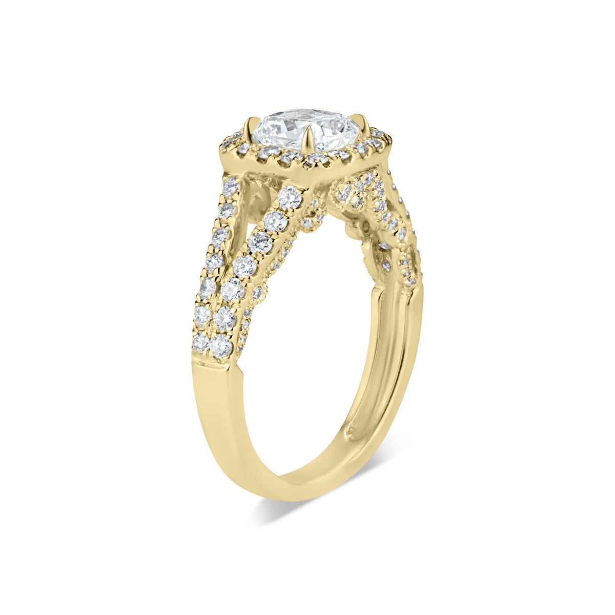 Cushion Halo Diamond Engagement Ring with Split Shank  -18K weighting 4.31 GR   - 106 round diamonds totaling 0.83 carats