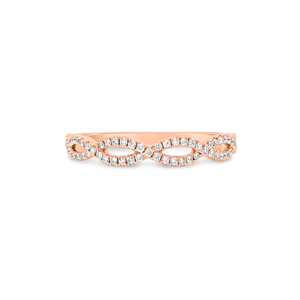 Petite Diamond Infinity Ring  -14k gold weighing 1.89 grams  -63 round four prong-set diamonds weighing 0.18 carats 