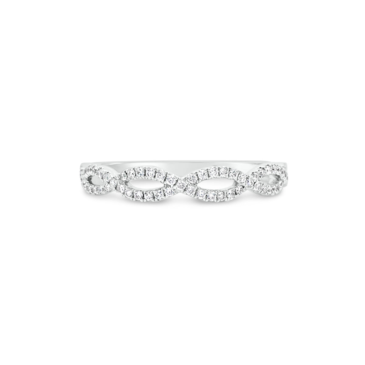 Petite Diamond Infinity Ring  -14k gold weighing 1.89 grams  -63 round four prong-set diamonds weighing 0.18 carats 