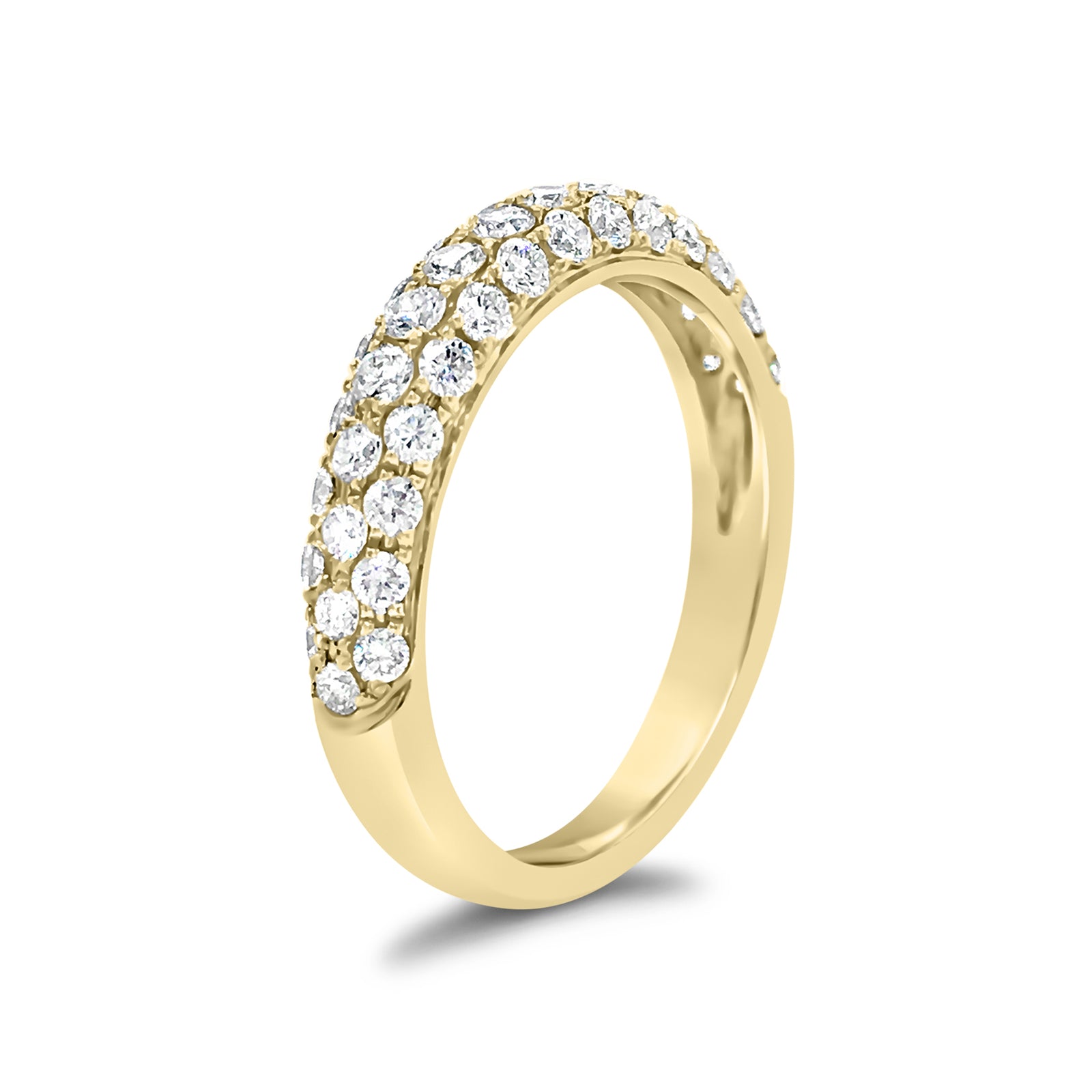 Triple-row diamond band -18k gold weighing 3.08 grams -43 round four prong-set diamonds weighing .76 carats