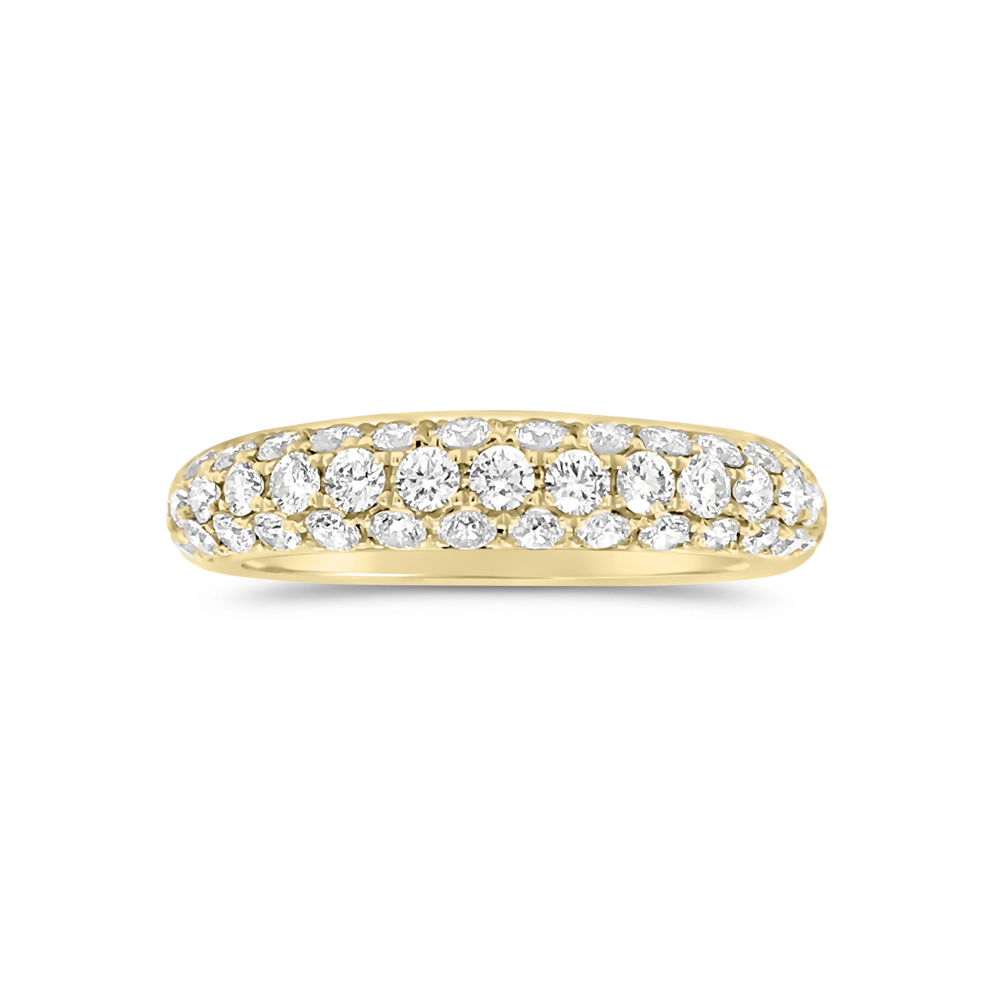 Triple-row diamond band -18k gold weighing 3.08 grams -43 round four prong-set diamonds weighing .76 carats