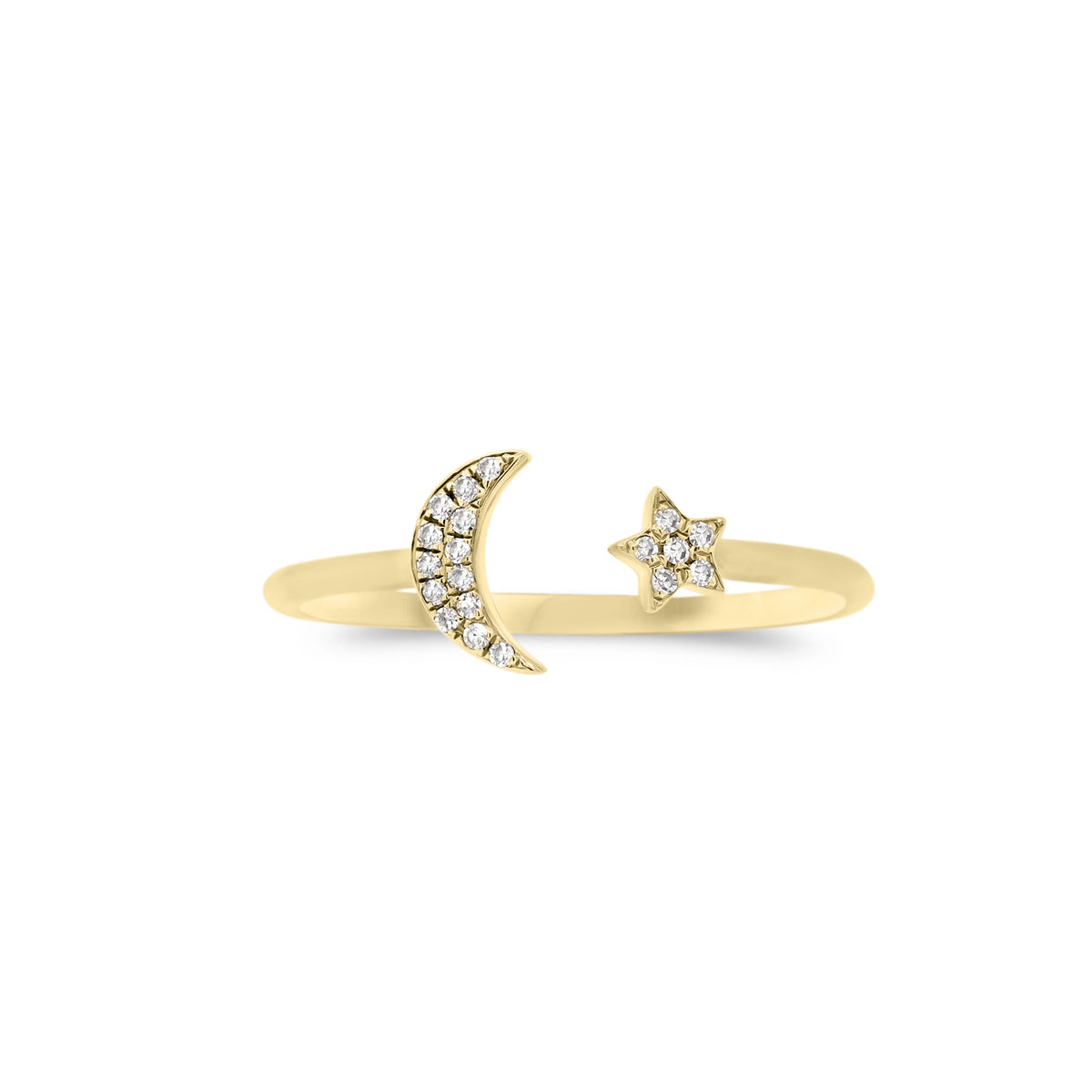 Diamond Crescent Moon Open Ring  - 14K gold weighing 1.24 grams  - 19 round diamonds totaling 0.05 carats
