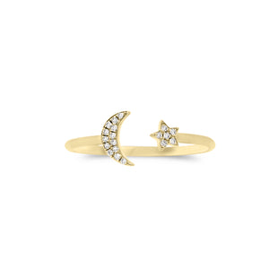 Diamond Crescent Moon Open Ring  - 14K gold weighing 1.24 grams  - 19 round diamonds totaling 0.05 carats