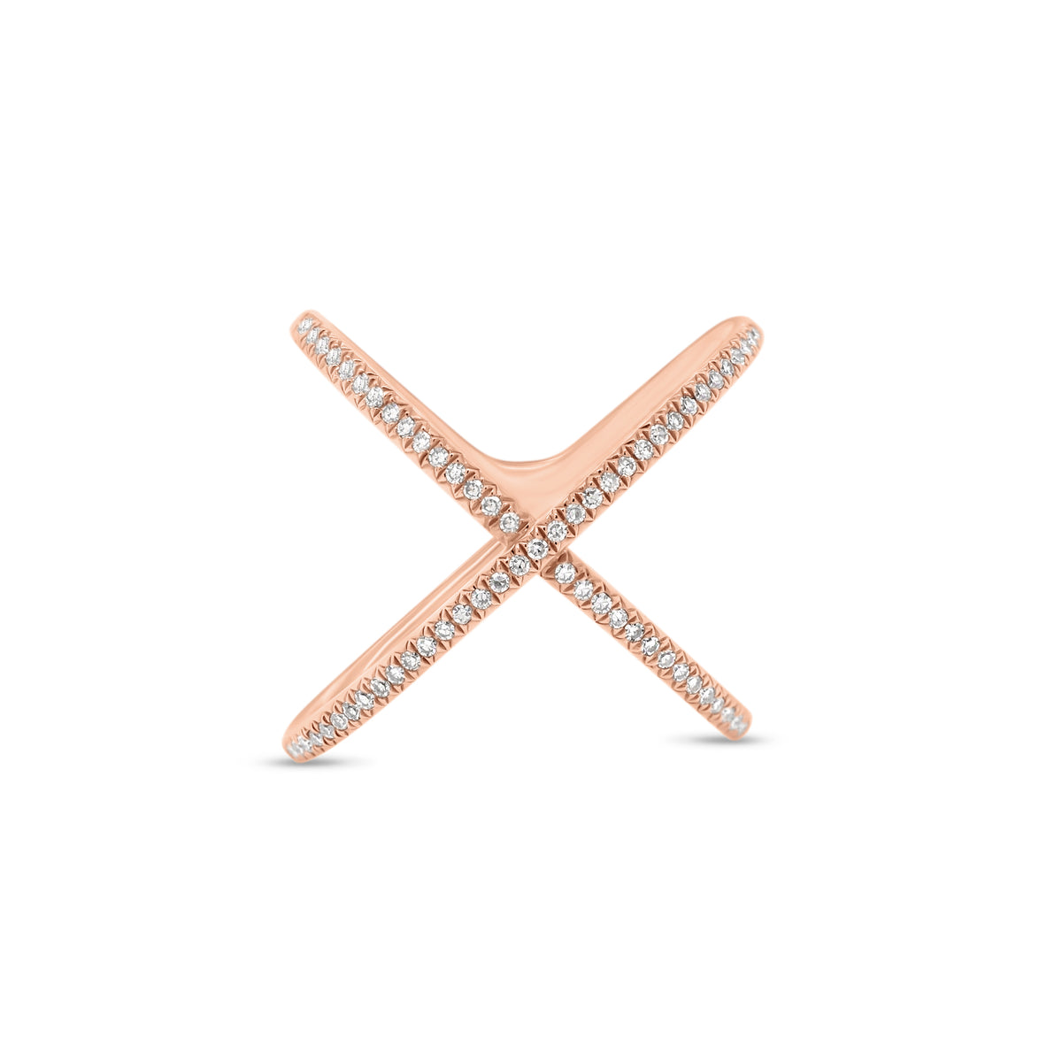 Diamond X Ring  - 14K gold weighing 3.05 grams  - 65 round diamonds totaling 0.18 carats