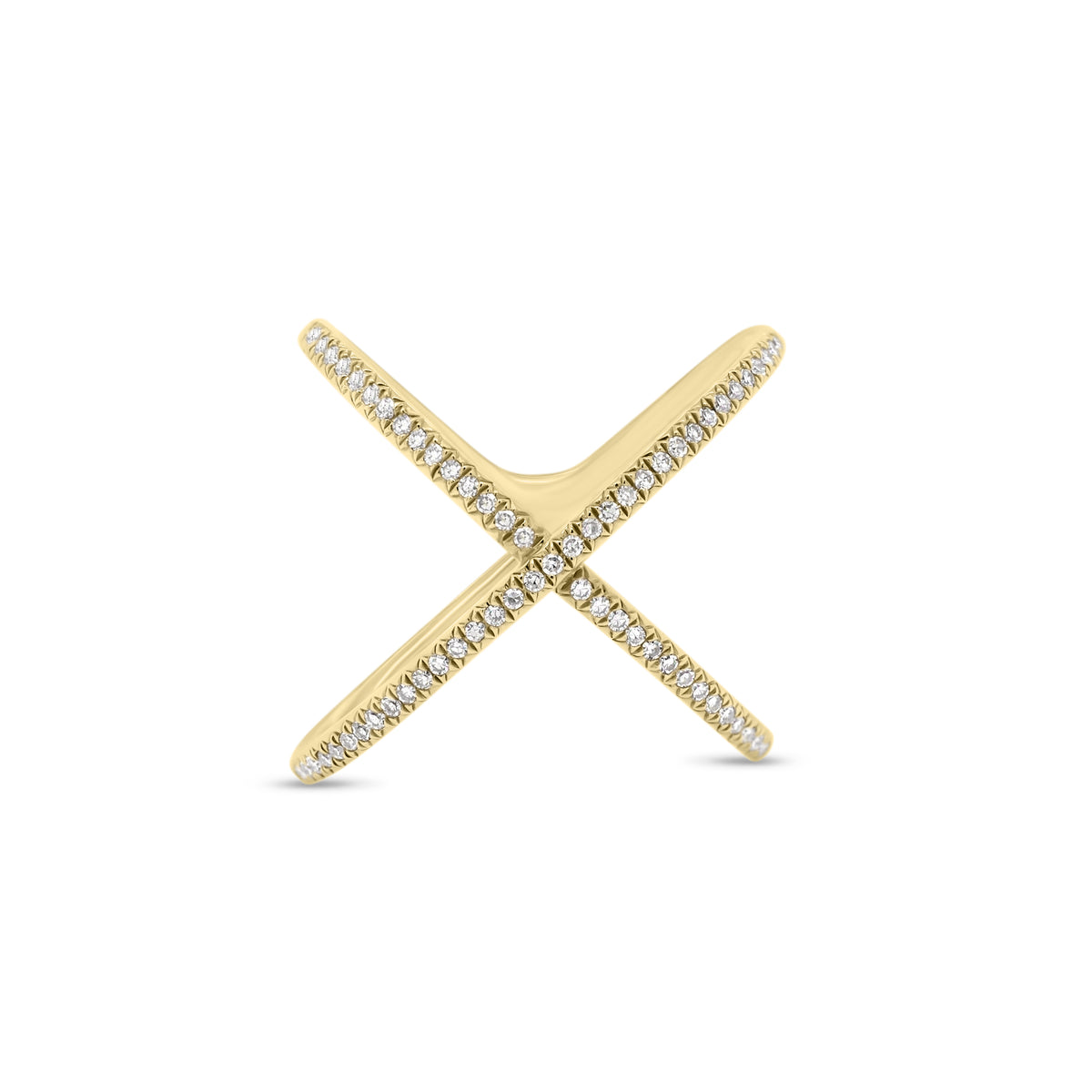 Diamond X Ring  - 14K gold weighing 3.05 grams  - 65 round diamonds totaling 0.18 carats