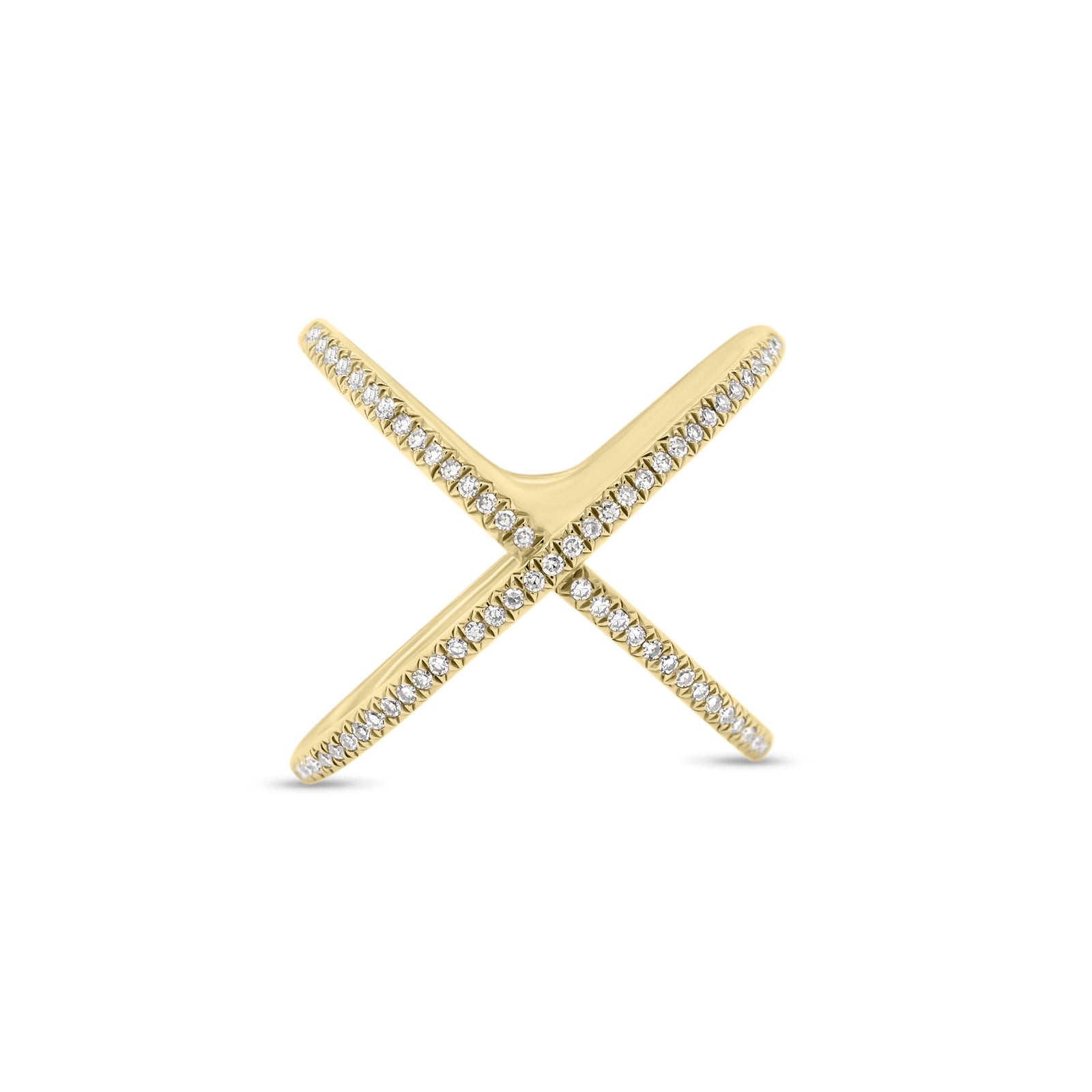 Diamond X Ring  - 14K gold weighing 3.05 grams  - 65 round diamonds totaling 0.18 carats