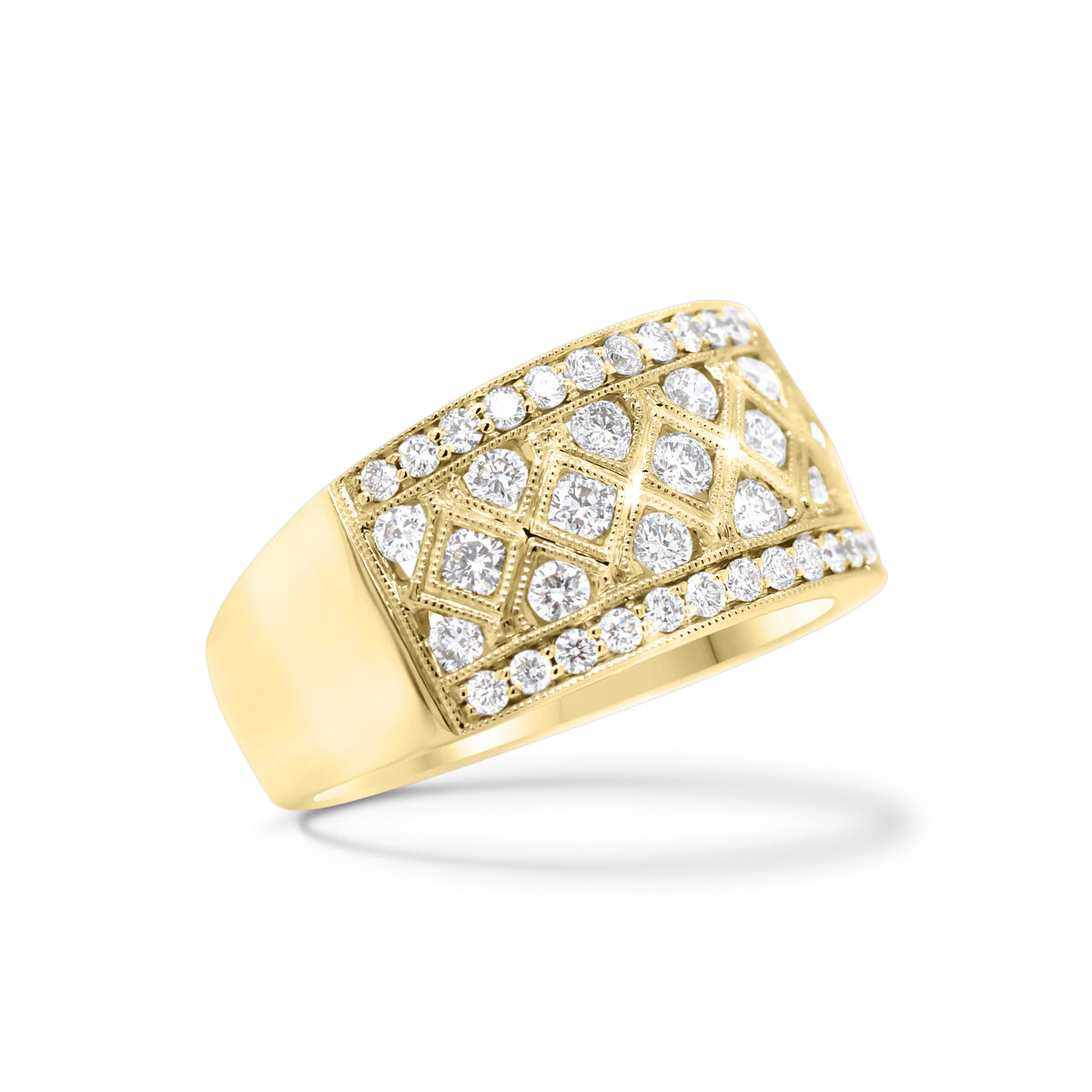 Diamond Trellis Pattern Fashion Ring  - 18K gold weighing 7.36 grams  - 59 round diamonds totaling 0.98 carats
